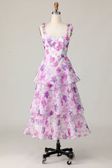 Purple Flower Ruffled A Line Midi Wedding Guest Dress