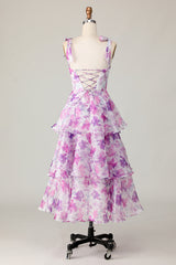 Purple Flower Ruffled A Line Midi Wedding Guest Dress