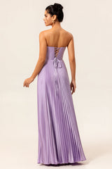 Lilac Strapless Pleated Long A Line Bridesmaid Dress