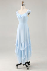 Sky Blue Chiffon Tiered Asymmetrical Bridesmaid Dress with Ruffles