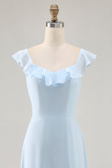 Sky Blue Chiffon Tiered Asymmetrical Bridesmaid Dress with Ruffles