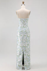 White Sage Floral Sheath Long Bridesmaid Dress with Pockets