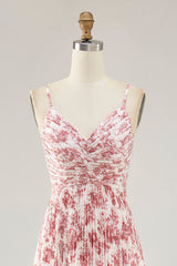 Blush Floral Pleated Chiffon A Line Long Wedding Guest Dress with Bow