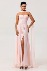 Blush Chiffon Corset Neck Scarf Long Bridesmaid Dress with Slit