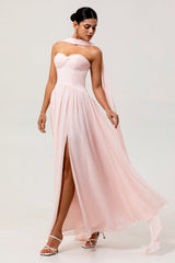 Blush Chiffon Corset Neck Scarf Long Bridesmaid Dress with Slit