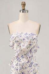 Blue Floral Strapless Ruffled Asymmetrical Wedding Guest Dress with Slit