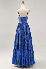 Blue Floral Jacquard Long Ruched Wedding Guest Dress with Keyhole
