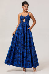 Blue Floral Jacquard Long Ruched Wedding Guest Dress with Keyhole