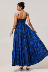 Blue Floral Jacquard Long Ruched Wedding Guest Dress with Keyhole