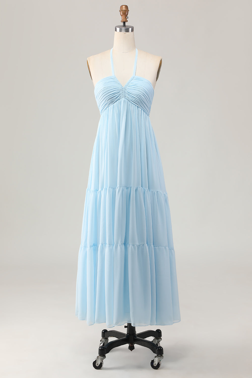 Sky Blue Halter Ruched Chiffon Long Wedding Guest Dress with Bow