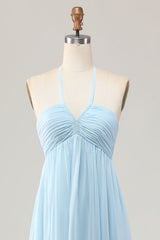 Sky Blue Halter Ruched Chiffon Long Wedding Guest Dress with Bow