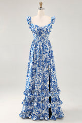 Blue Floral Corset Chiffon Ruffled Long Wedding Guest Dress with Slit