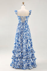 Blue Floral Corset Chiffon Ruffled Long Wedding Guest Dress with Slit