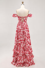 Red Floral Chiffon Corset Ruffled Long Wedding Guest Dress with Slit