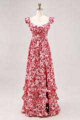 Red Floral Chiffon Corset Ruffled Long Wedding Guest Dress with Slit