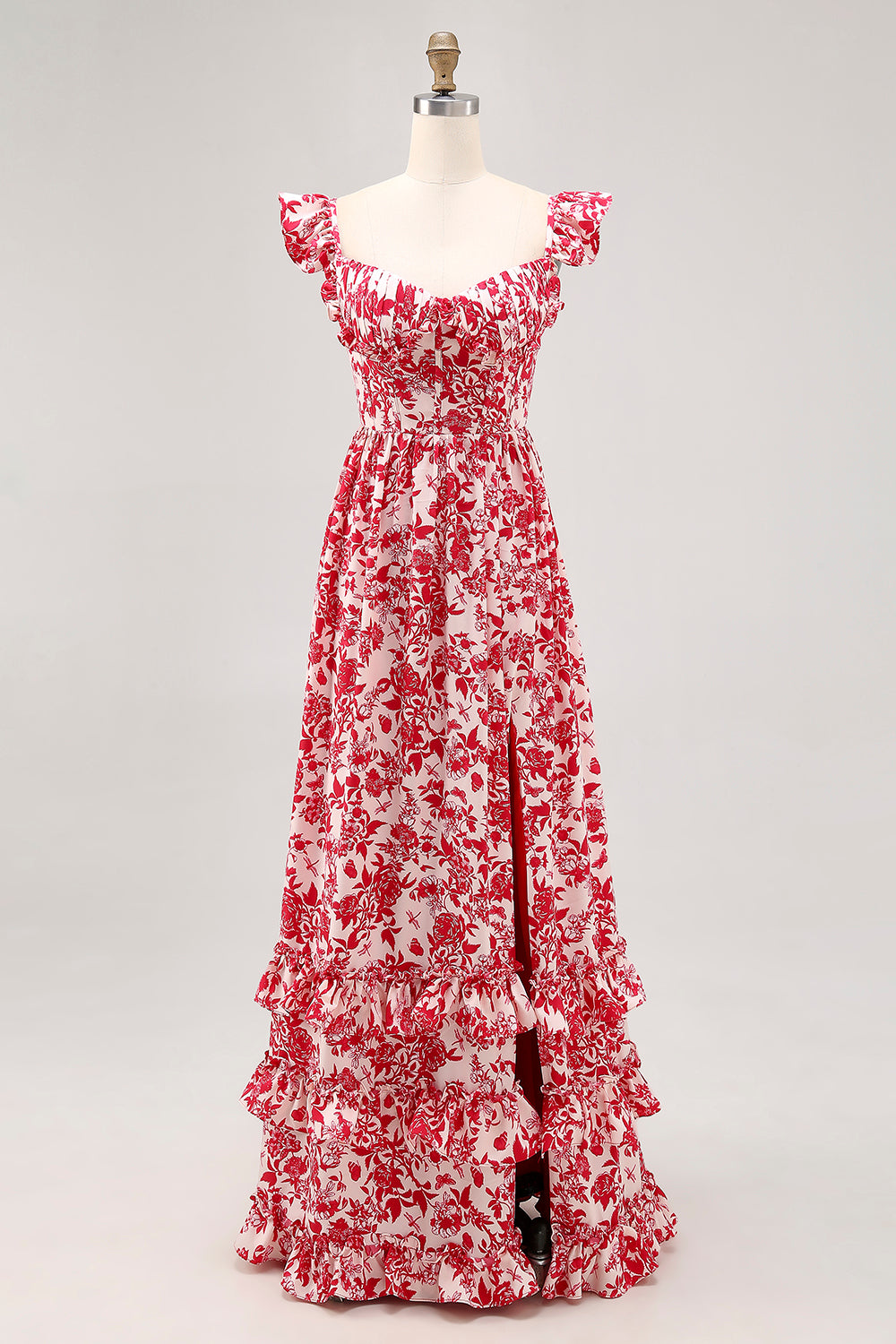 Red Floral Chiffon Corset Ruffled Long Wedding Guest Dress with Slit
