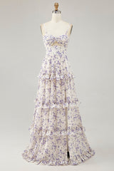 Purple Floral Embroidered Cut Out Ruffled Long Wedding Guest Dress with Slit