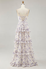 Purple Floral Embroidered Cut Out Ruffled Long Wedding Guest Dress with Slit