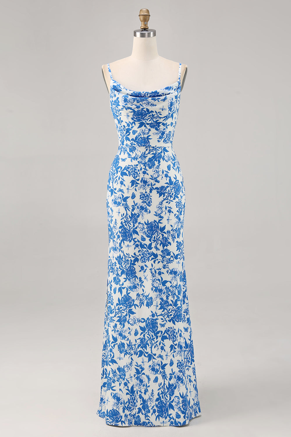 Blue Floral Mermaid Long Wedding Guest Dress