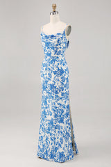 Blue Floral Mermaid Long Wedding Guest Dress