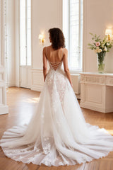 Ivory Tulle A Line Sweep Train Wedding Dress with Appliques