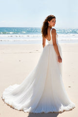 Ivory Chiffon Scoop Neck A Line Sweep Train Wedding Dress
