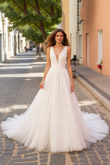 Ivory Tulle Deep V-Neck A Line Sweep Train Wedding Dress
