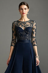 Navy Chiffon Mother of the Bride Pantsuits with Lace
