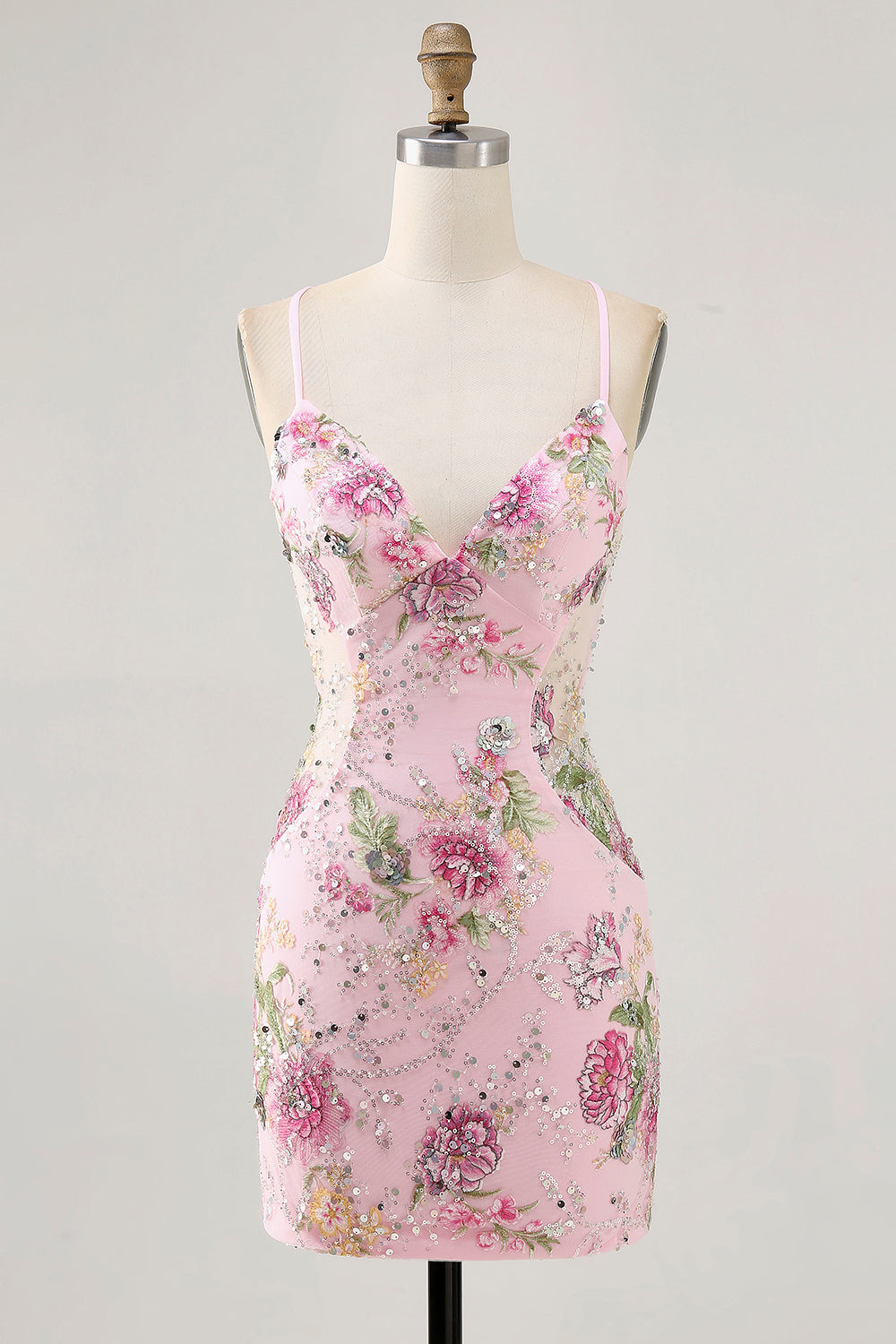 Sparkly Pink Floral Tight Short Homecoming Dress with Beading