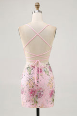 Sparkly Pink Floral Tight Short Homecoming Dress with Beading