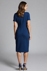 Navy Bodycon Ruched Midi Satin Work Dress with Short Sleeves