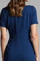 Navy Bodycon Ruched Midi Satin Work Dress with Short Sleeves