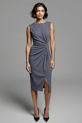 Royal Blue Satin Bodycon Midi Ruched Work Dress with Slit