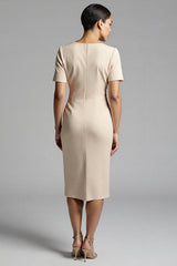 Champagne Bodycon V-Neck Midi Satin Work Dress with Short Sleeves