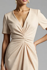 Champagne Bodycon V-Neck Midi Satin Work Dress with Short Sleeves