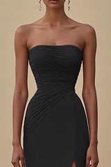 Elegant Black Chiffon Sheath Strapless Ruched Long Formal Dress with Slit