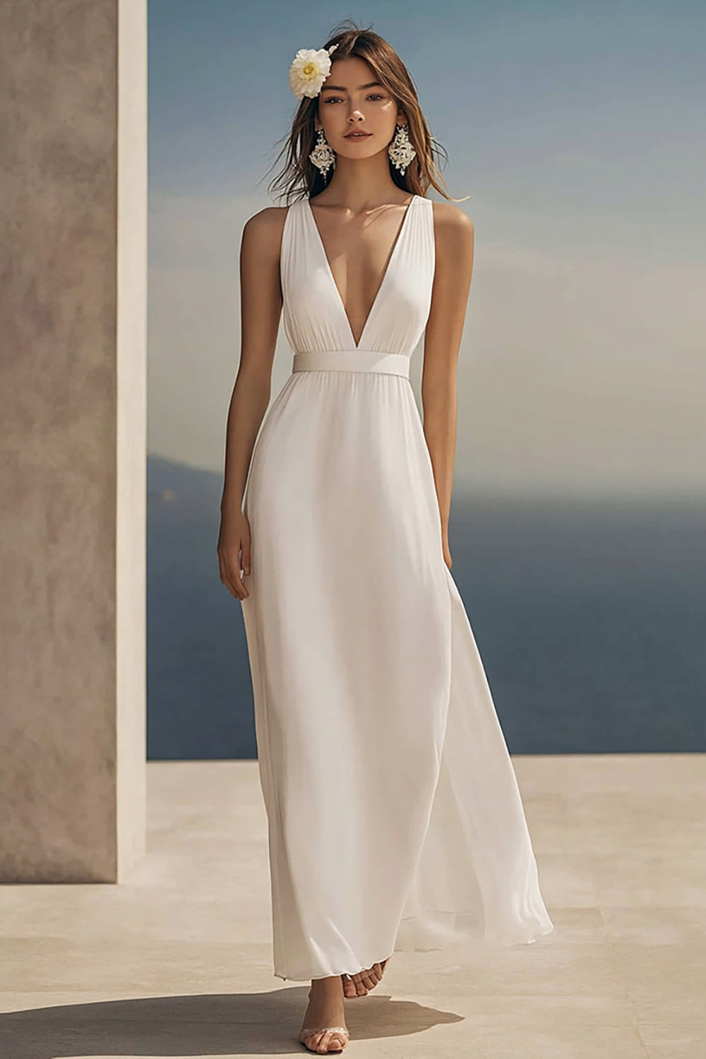 Ivory Deep V-Neck Chiffon Beach Maxi Engagement Dress