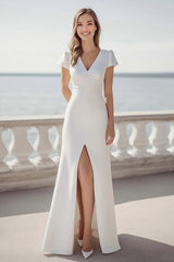 Simple Ivory Short Sleeves Maxi Satin Wedding Reception Dress with Slit