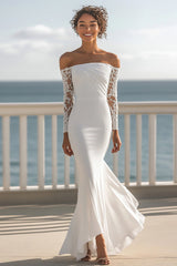Chiffon Ivory Mermaid Maxi Rehearsal Dinner Dress with Sleeves