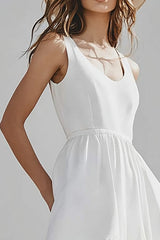 Ivory Scoop Neck Satin Midi Boho Western Wedding Dress