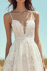 Ivory Lace Spaghetti Straps Maxi Boho Western Wedding Dress