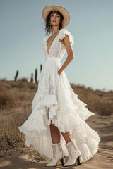 Ivory Lace Ruffled Boho High-Low Western Wedding Dress with Pockets