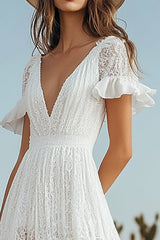 Ivory Lace Boho High-Low Western Wedding Dress with Sleeves