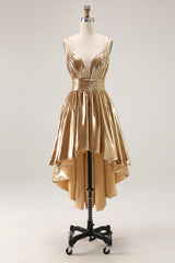 Sparkly Gold Metallic Ruched A Line High-Low Cocktail Homecoming Dress
