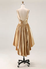 Sparkly Gold Metallic Ruched A Line High-Low Cocktail Homecoming Dress