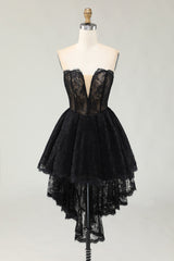 Black Lace A Line Sweetheart High-Low Homecoming Dress with Ruffles