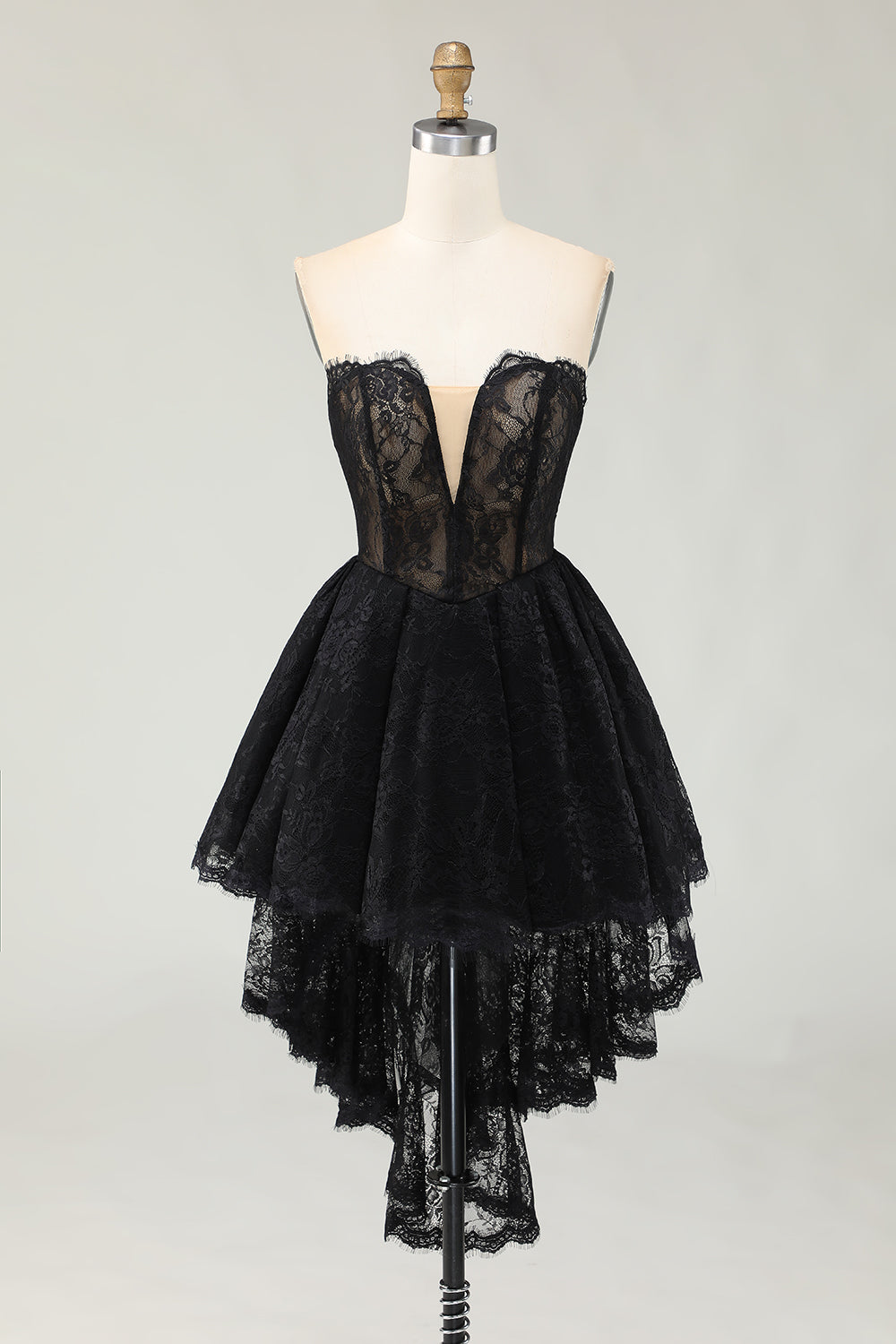 Black Lace A Line Sweetheart High-Low Homecoming Dress with Ruffles