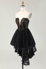 Black Lace A Line Sweetheart High-Low Homecoming Dress with Ruffles