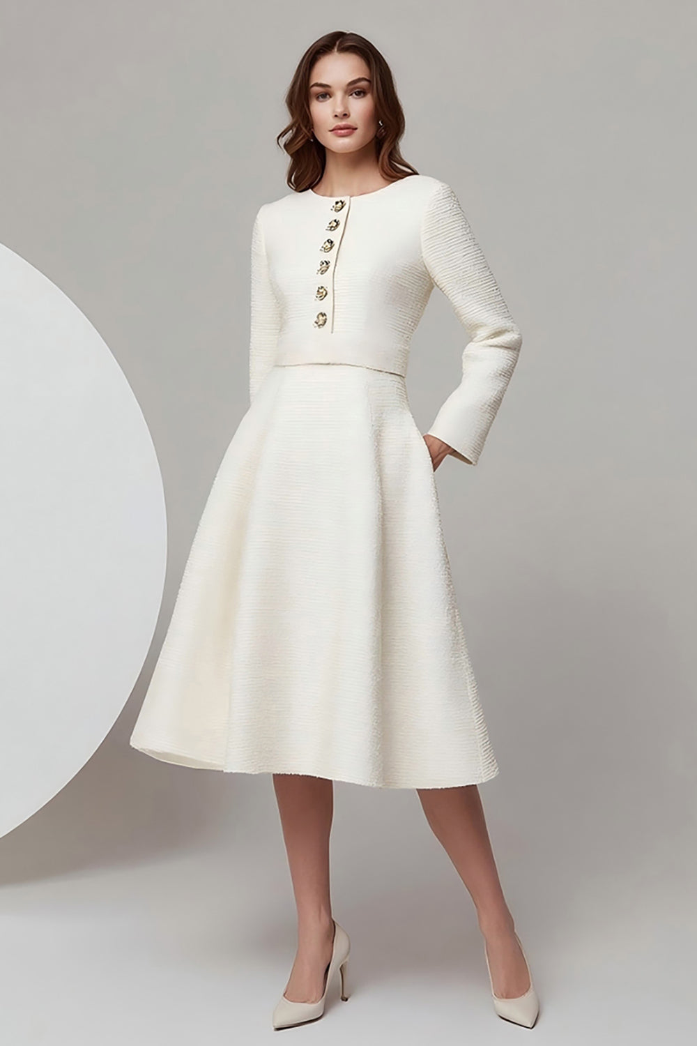 Ivory Tweed A Line Midi Buttons Pageant Interview Outfits with Long Sleeves