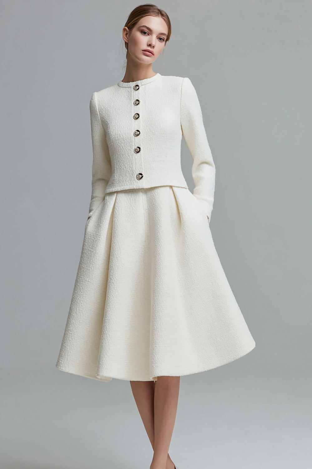 Ivory Tweed 2 Piece Midi Homecoming Outfits with Pockets
